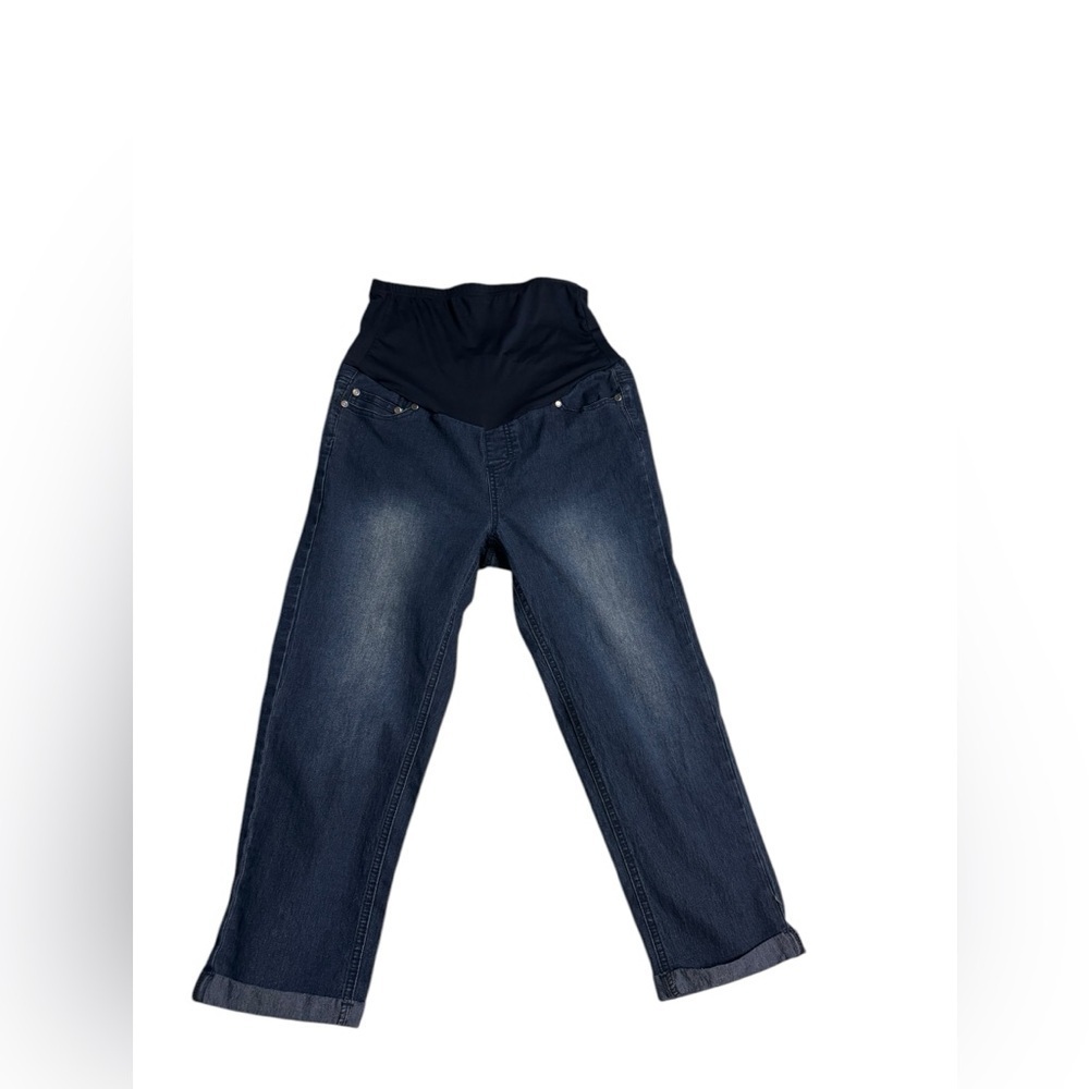 Times Two Dark Blue Denim Maternity Jeans with Soft Stretchy Belly Band, med m1